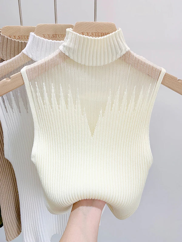 Mesh Knitted Top Women Y2K Tank Top Half Neck Vest Female Sleeveless Sweater Chic Cut Out Streetwear Solid Skinny Tube Top