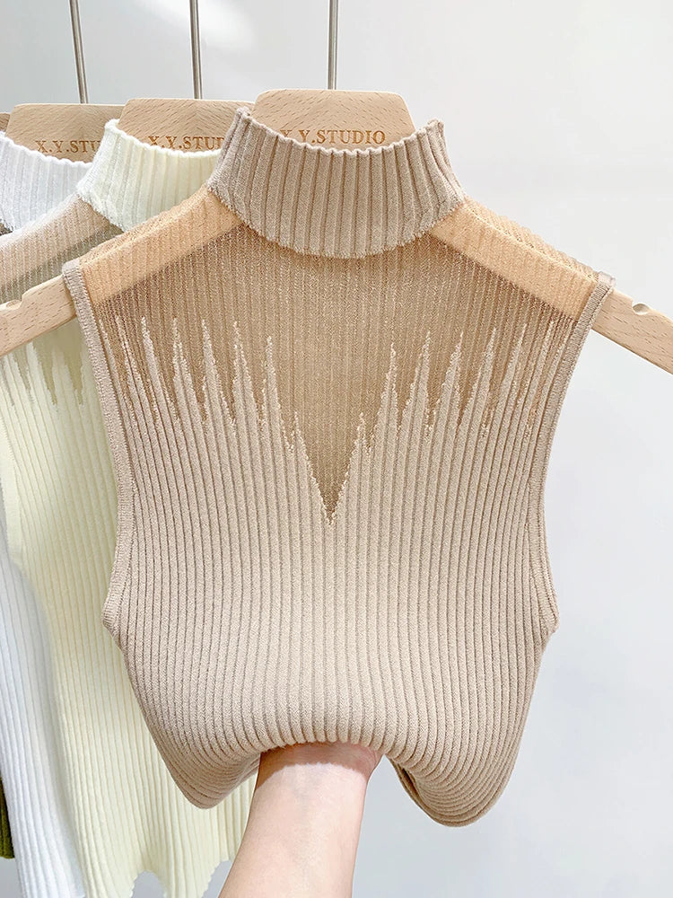 Mesh Knitted Top Women Y2K Tank Top Half Neck Vest Female Sleeveless Sweater Chic Cut Out Streetwear Solid Skinny Tube Top